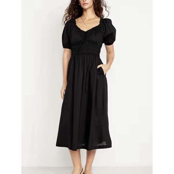 Old Navy Dresses & Skirts - Old Navy Midi Dress Fit Flare Black Puff Sleeve Cotton Vacay Preppy Large P NWT